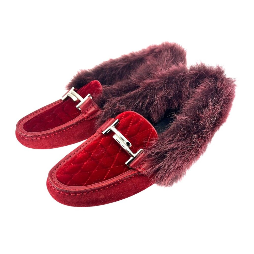 Tods Italian Red Velvet & Fur Women's Moccasin Loafers With Rubber Sole Size 10